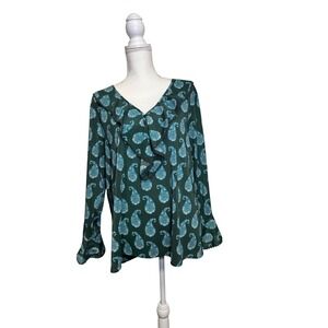 Bob Mackie Vintage‎ Women's Green and Blue Paisley Bell Sleeve Blouse Size XL